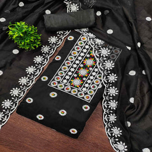 Black Embroidered Cotton Blend Suit Fabric with Soft Floral Detailing