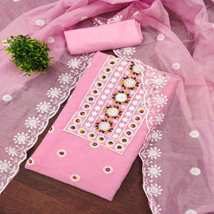 Pink Embroidered Cotton Blend Suit Fabric with Soft Floral Detailing