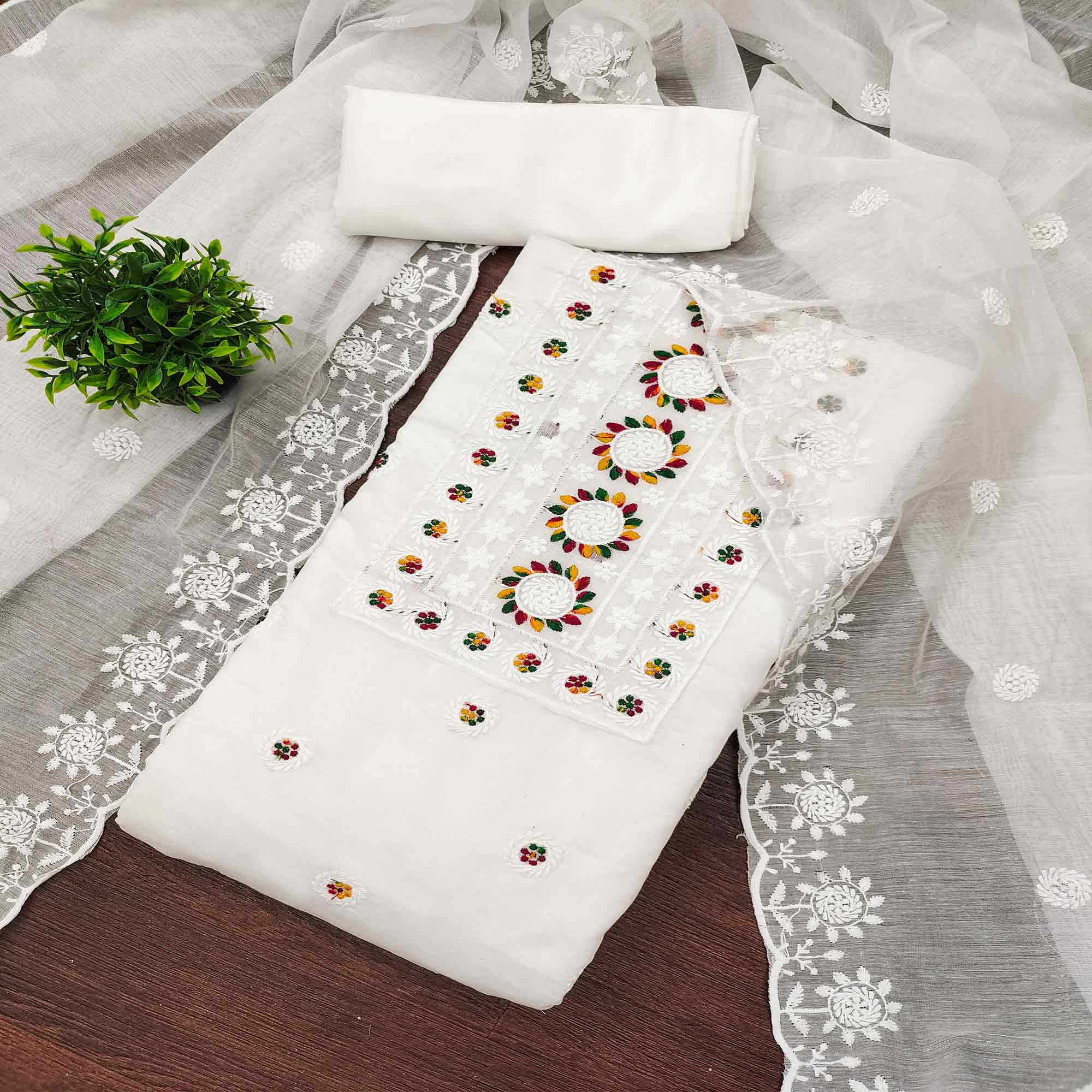 White Embroidered Cotton Blend Suit Fabric with Soft Floral Detailing