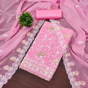 Pink Georgette Dress Material Highlighted With Floral Thread Embroidery