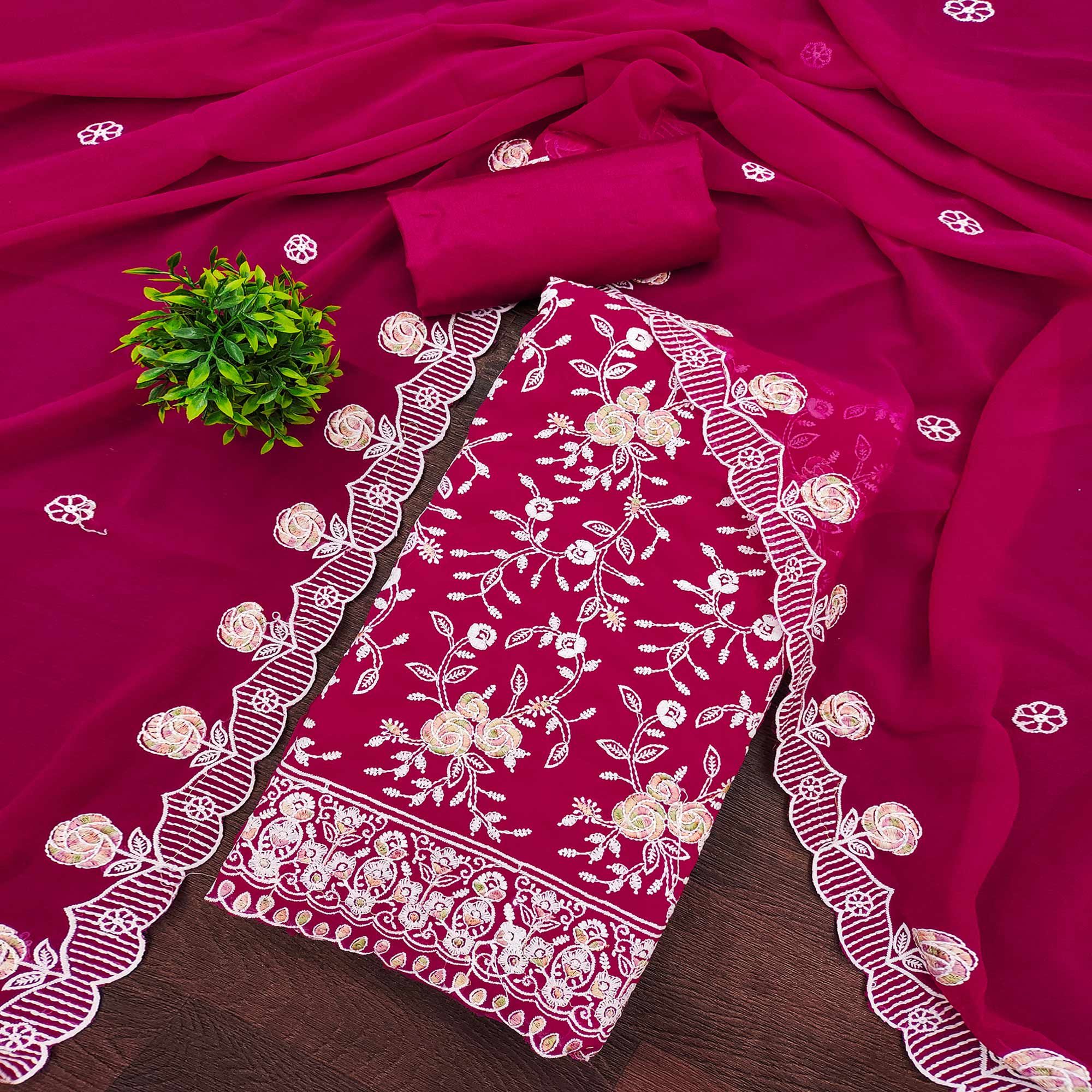 Rani Pink Georgette Dress Material Highlighted With Floral Thread Embroidery