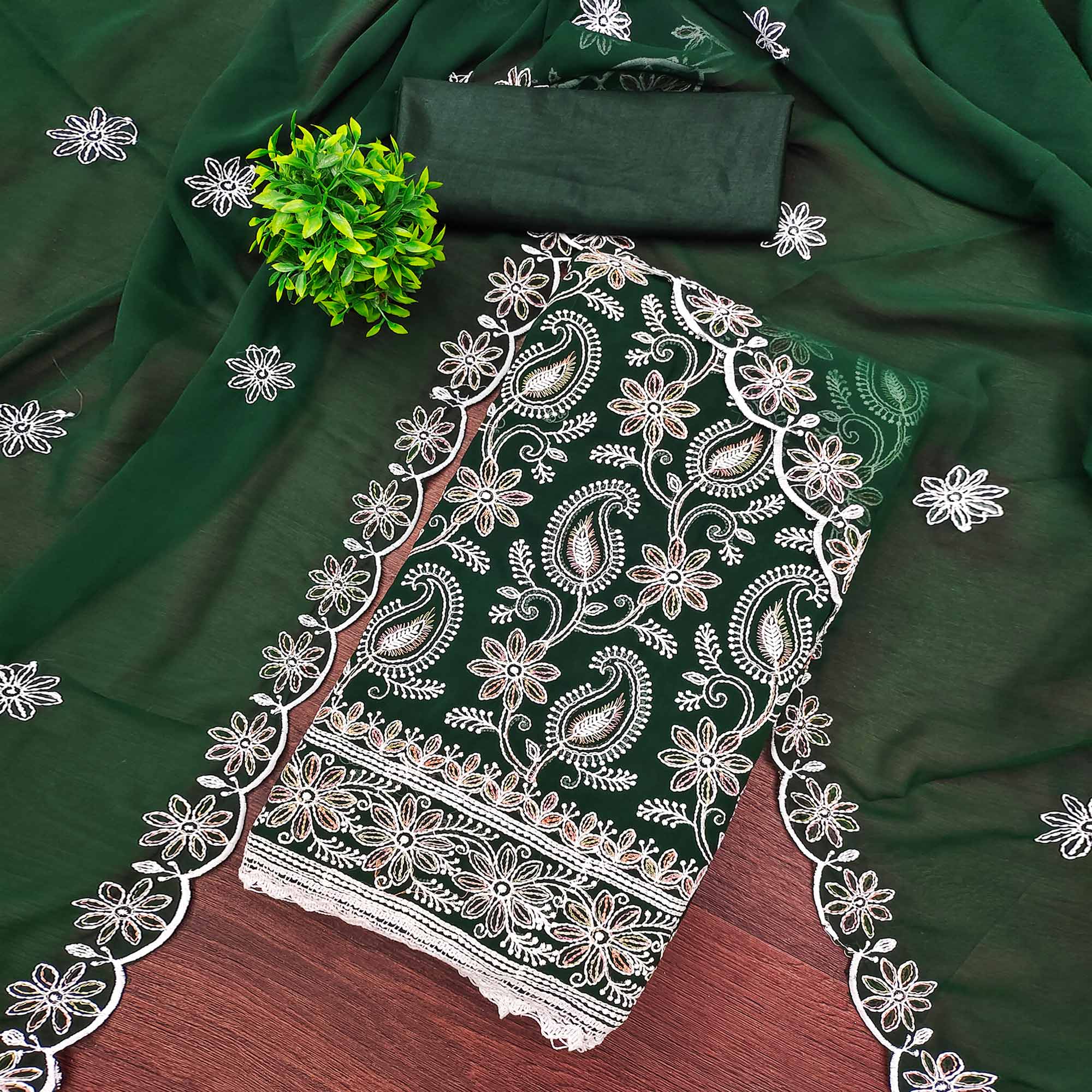 Green Georgette Dress Material Highlighted With Paisley & Floral Thread Embroidery