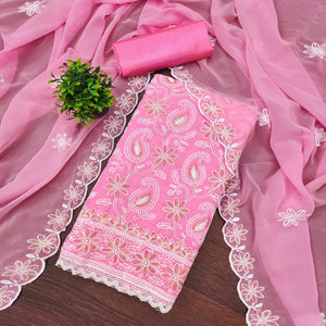 Pink Georgette Dress Material Highlighted With Paisley & Floral Thread Embroidery