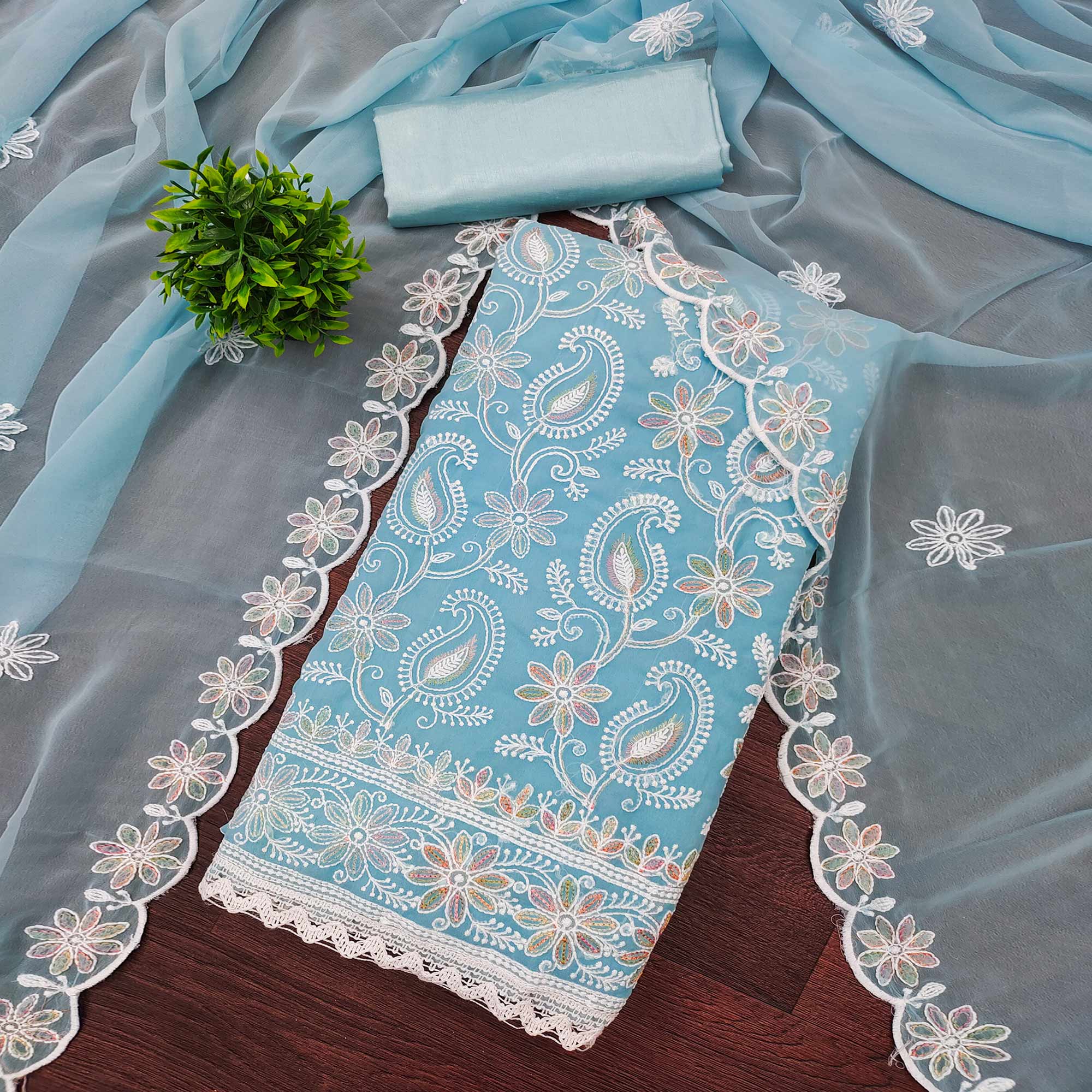 Sky Blue Georgette Dress Material Highlighted With Paisley & Floral Thread Embroidery