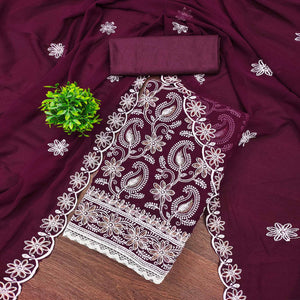 Wine Georgette Dress Material Highlighted With Paisley & Floral Thread Embroidery