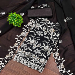Black Georgette Dress Material Accented With Floral Thread Work