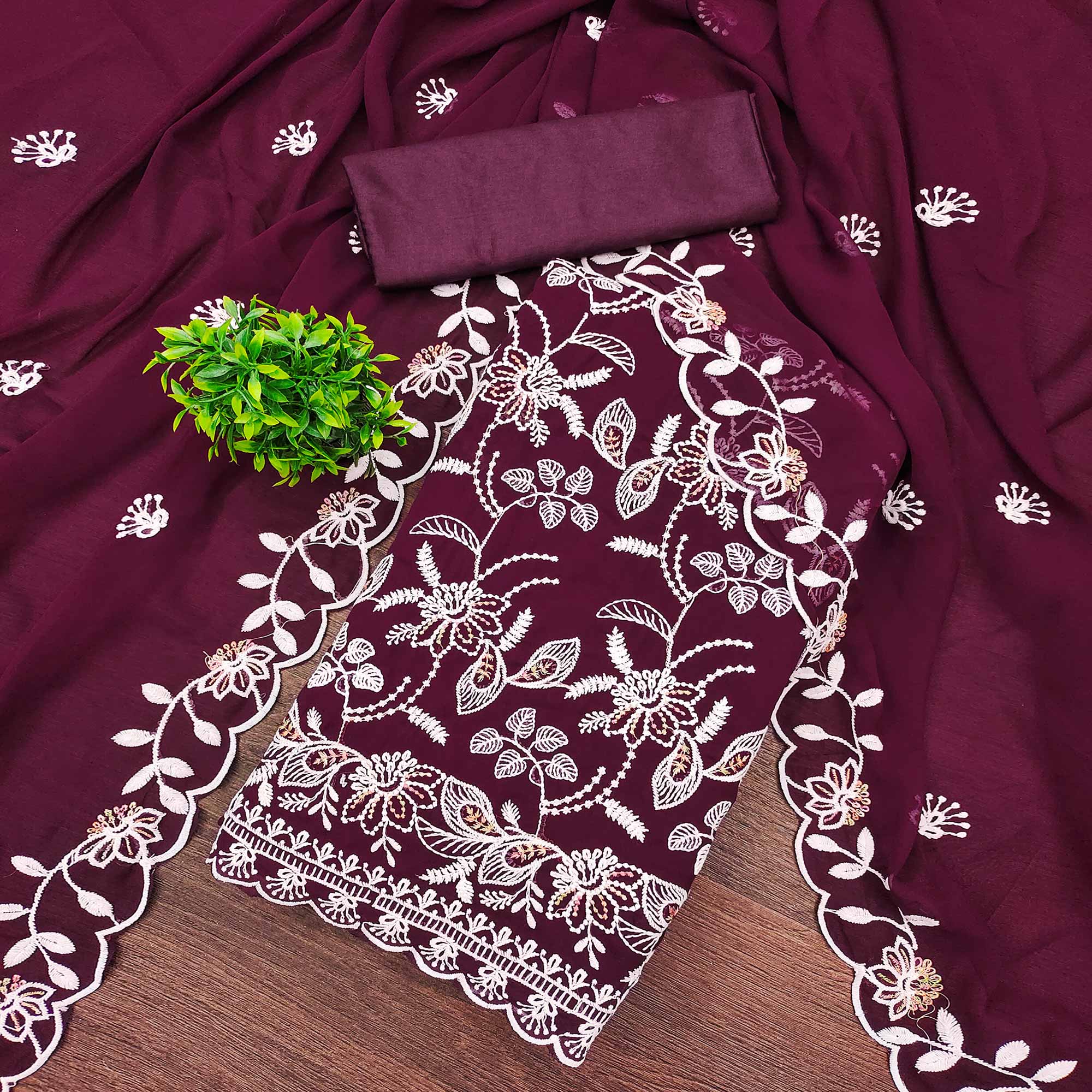 Wine Georgette Dress Material Accented With Floral Thread Work