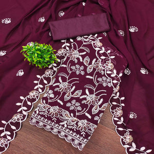 Wine Georgette Dress Material Accented With Floral Thread Work