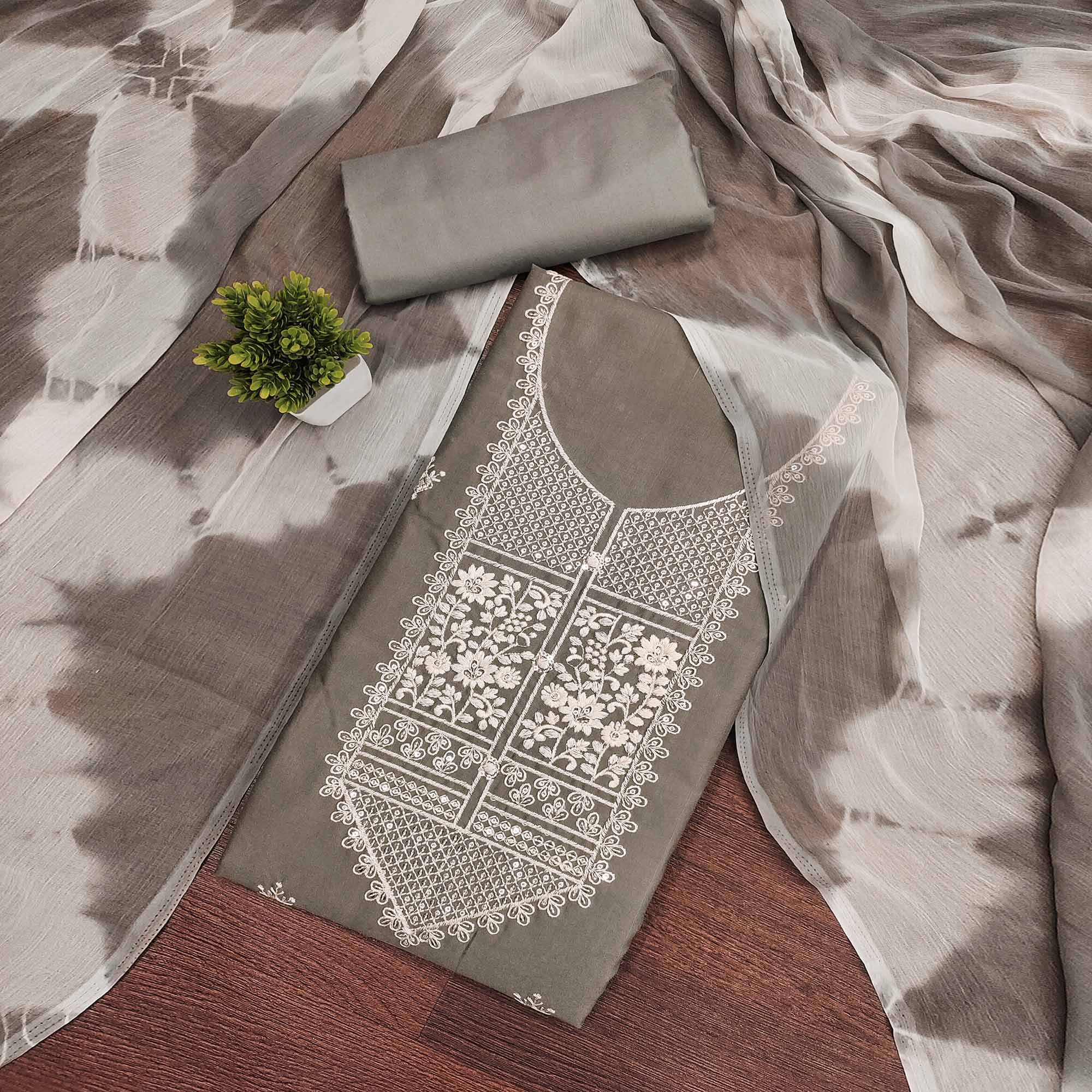 Grey Floral Thread Embroidered Cotton Blend Dress Material With Sequins Work