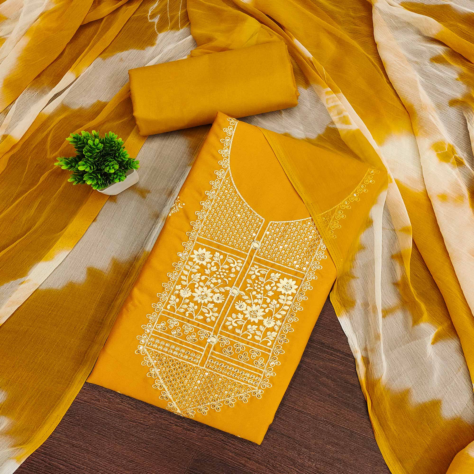 Mustard Floral Thread Embroidered Cotton Blend Dress Material With Sequins Work