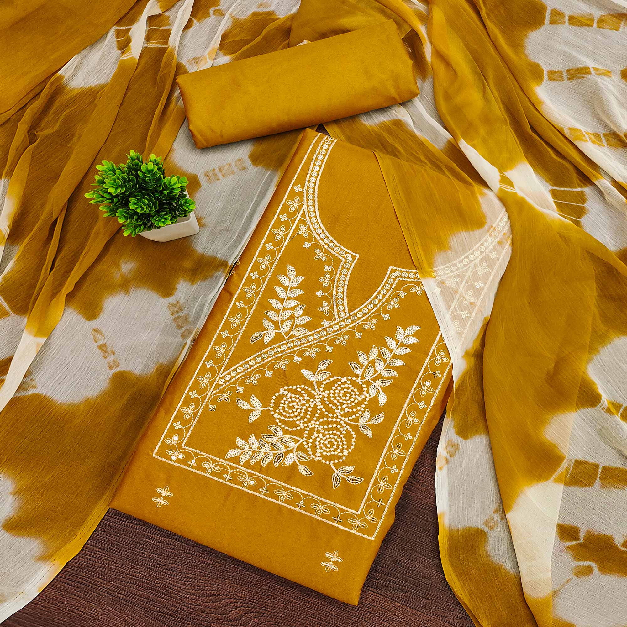 Mustard Cotton Blend Dress Material Highlighted With Floral Thread & Sequins Work