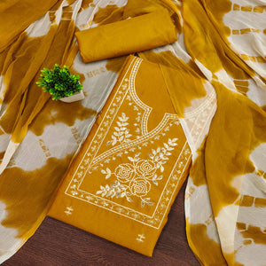 Mustard Cotton Blend Dress Material Highlighted With Floral Thread & Sequins Work