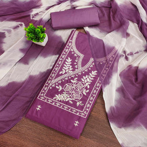 Purple Cotton Blend Dress Material Highlighted With Floral Thread & Sequins Work