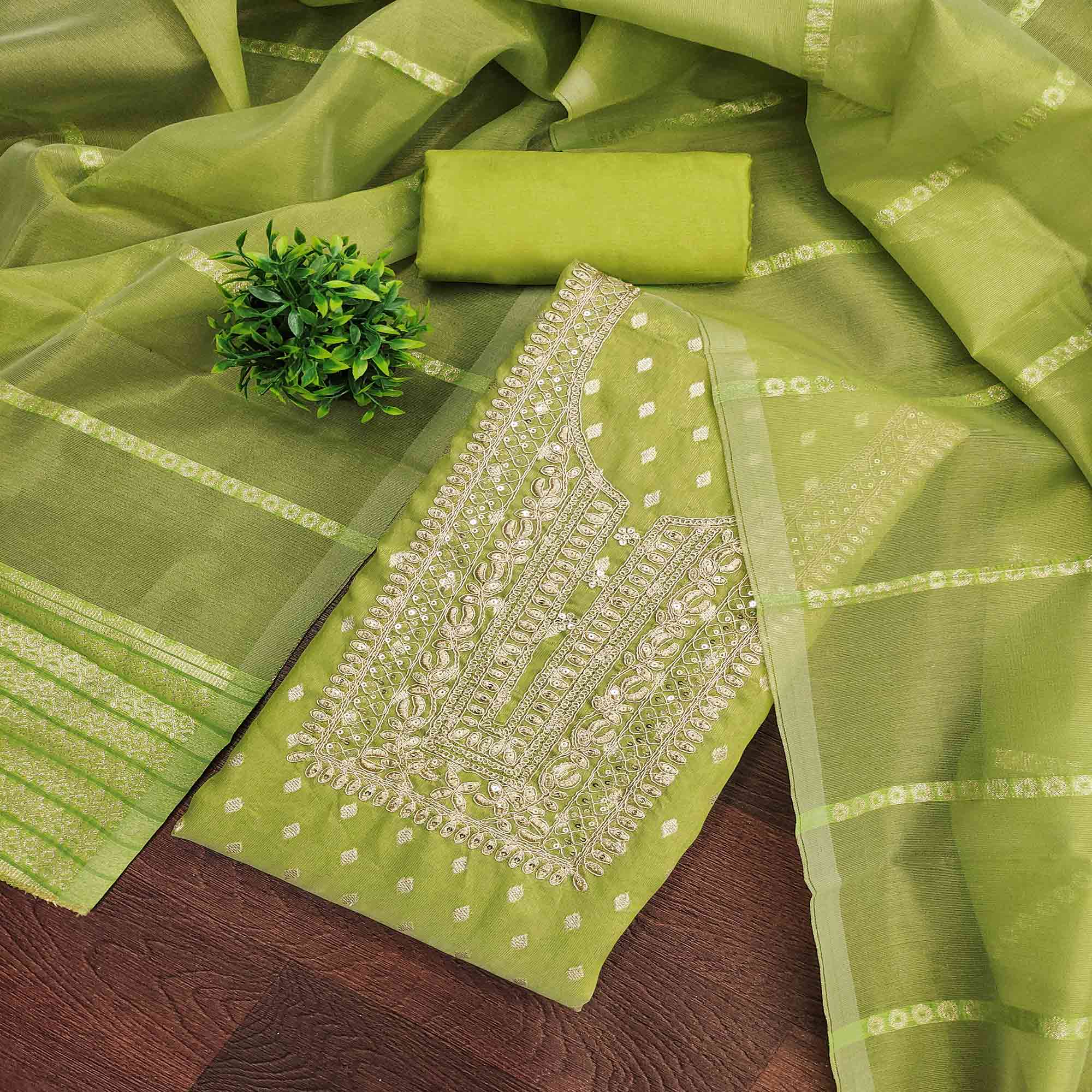 Classic Green Butti Weaving Shimmer Dress Material Enhanced With Sequins Cording Embroidery