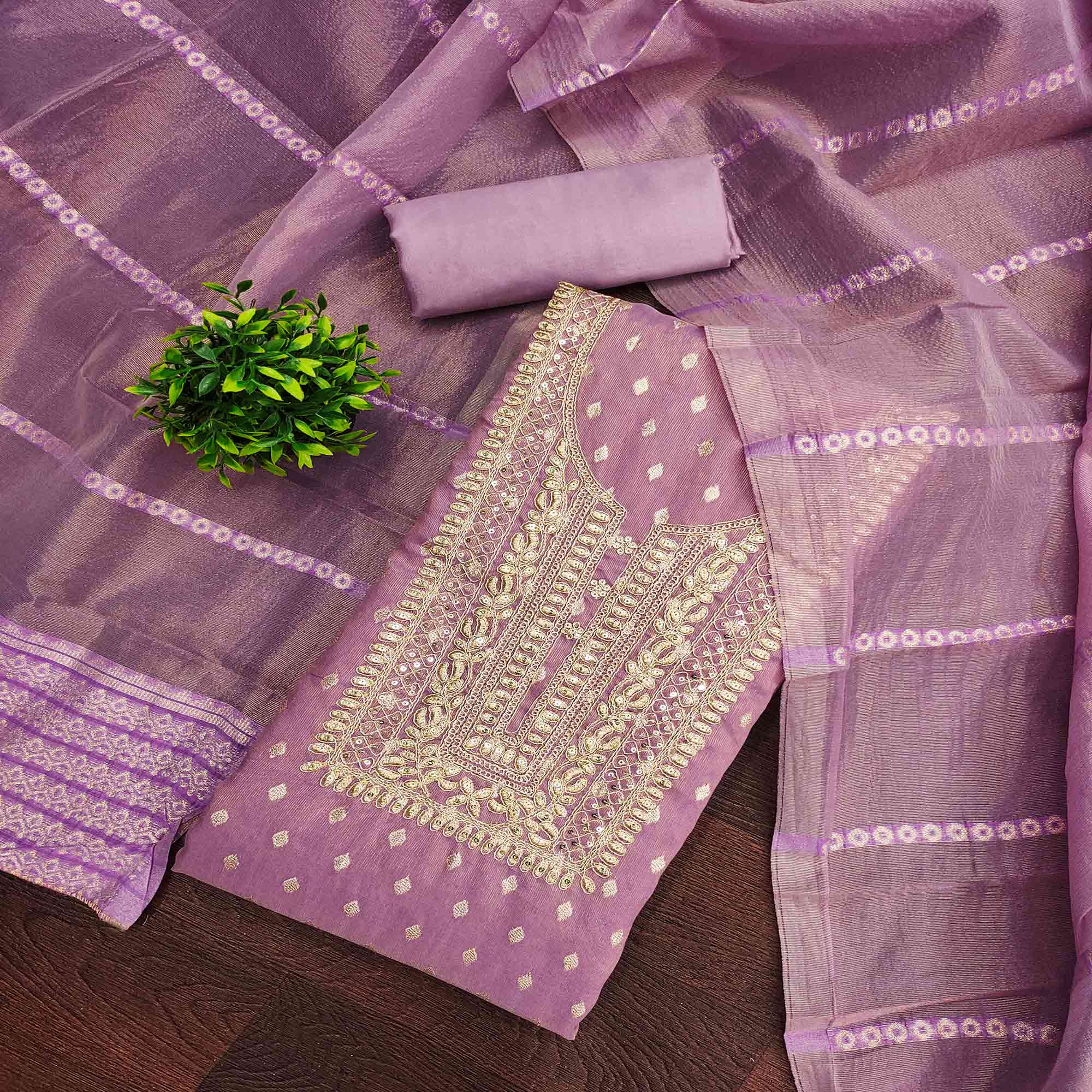 Classic Lavender Butti Weaving Shimmer Dress Material Enhanced With Sequins Cording Embroidery