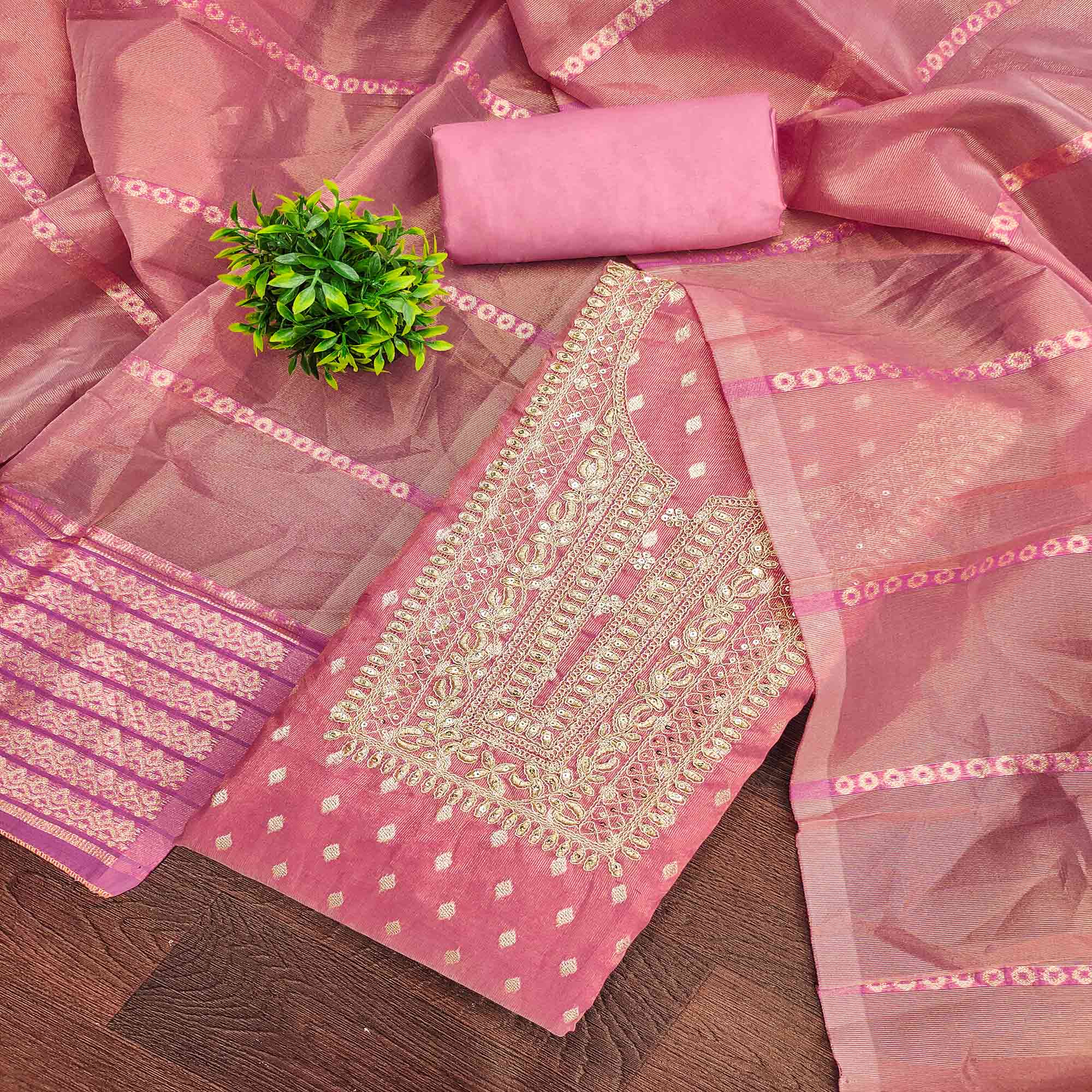 Classic Pink Butti Weaving Shimmer Dress Material Enhanced With Sequins Cording Embroidery