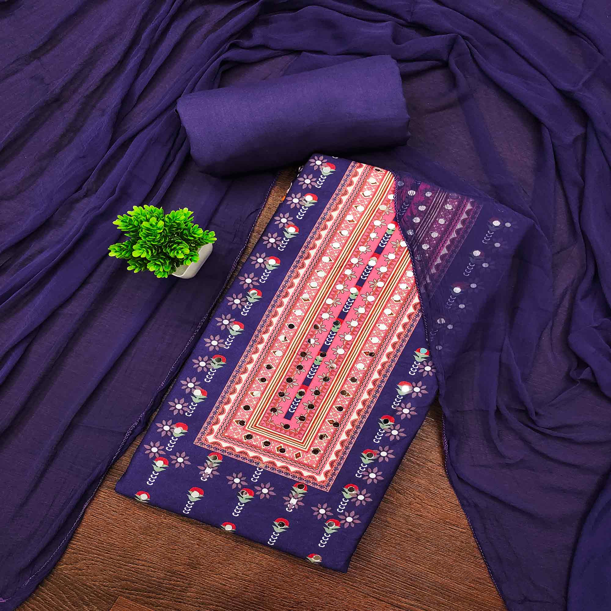 Purple Floral Printed Rayon Fabric Set with Decorative Mirror Work for a Festive Look