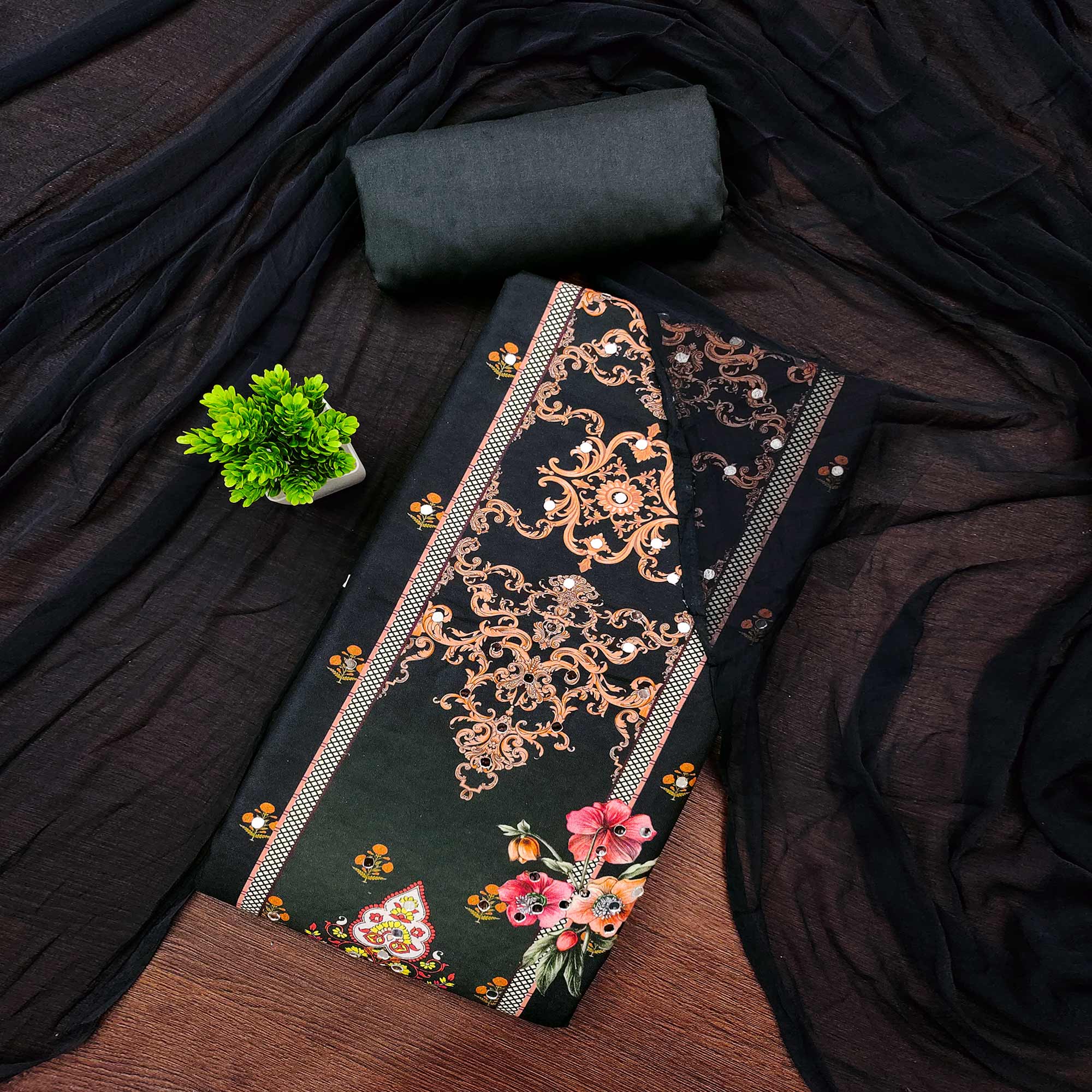 Black & Orange Floral Digital Printed Rayon Dress Material Enhanced With Mirror Work