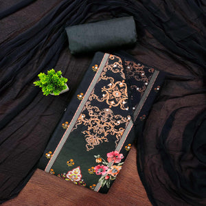 Black & Orange Floral Digital Printed Rayon Dress Material Enhanced With Mirror Work