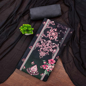 Black & Pink Floral Digital Printed Rayon Dress Material Enhanced With Mirror Work