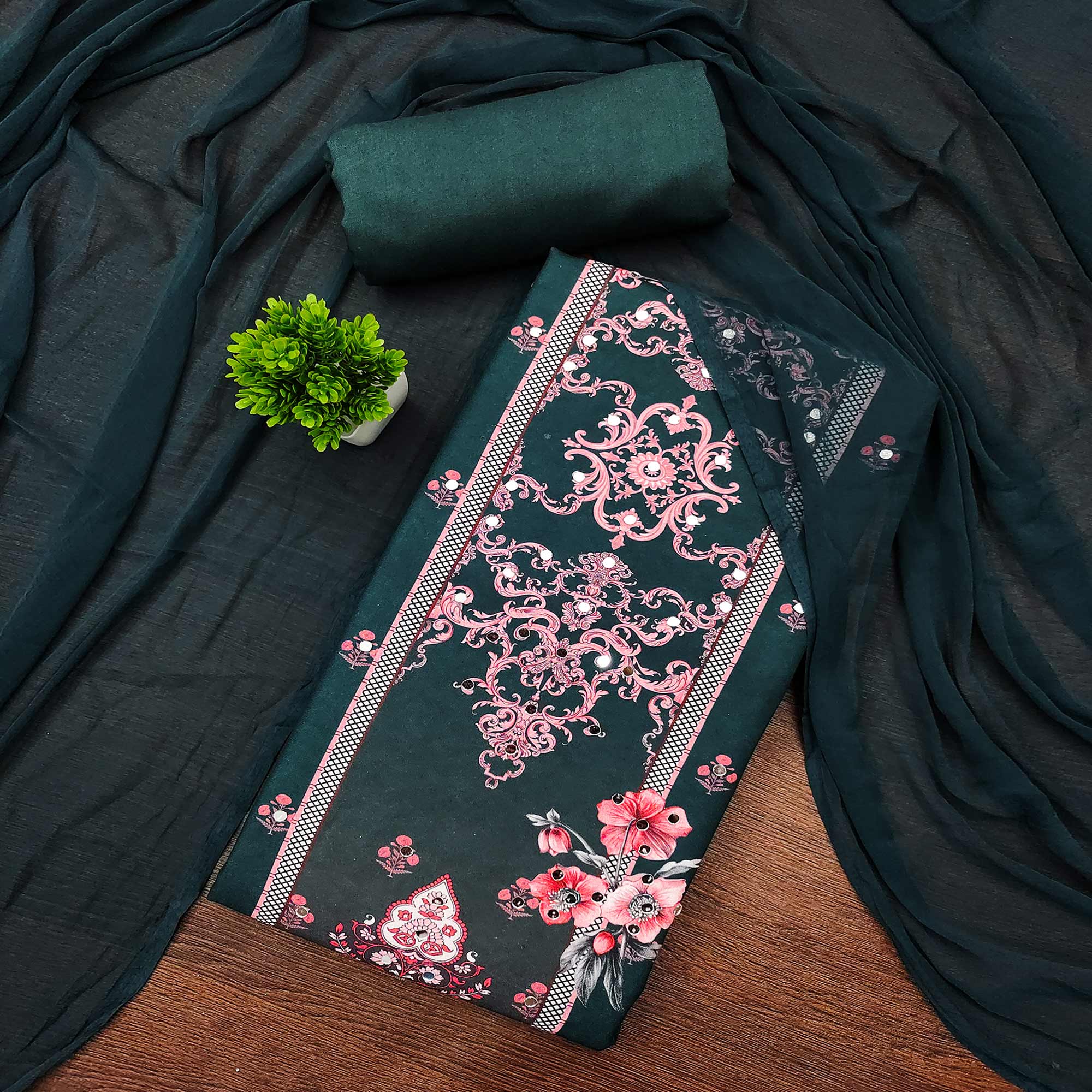 Green Floral Digital Printed Rayon Dress Material Enhanced With Mirror Work