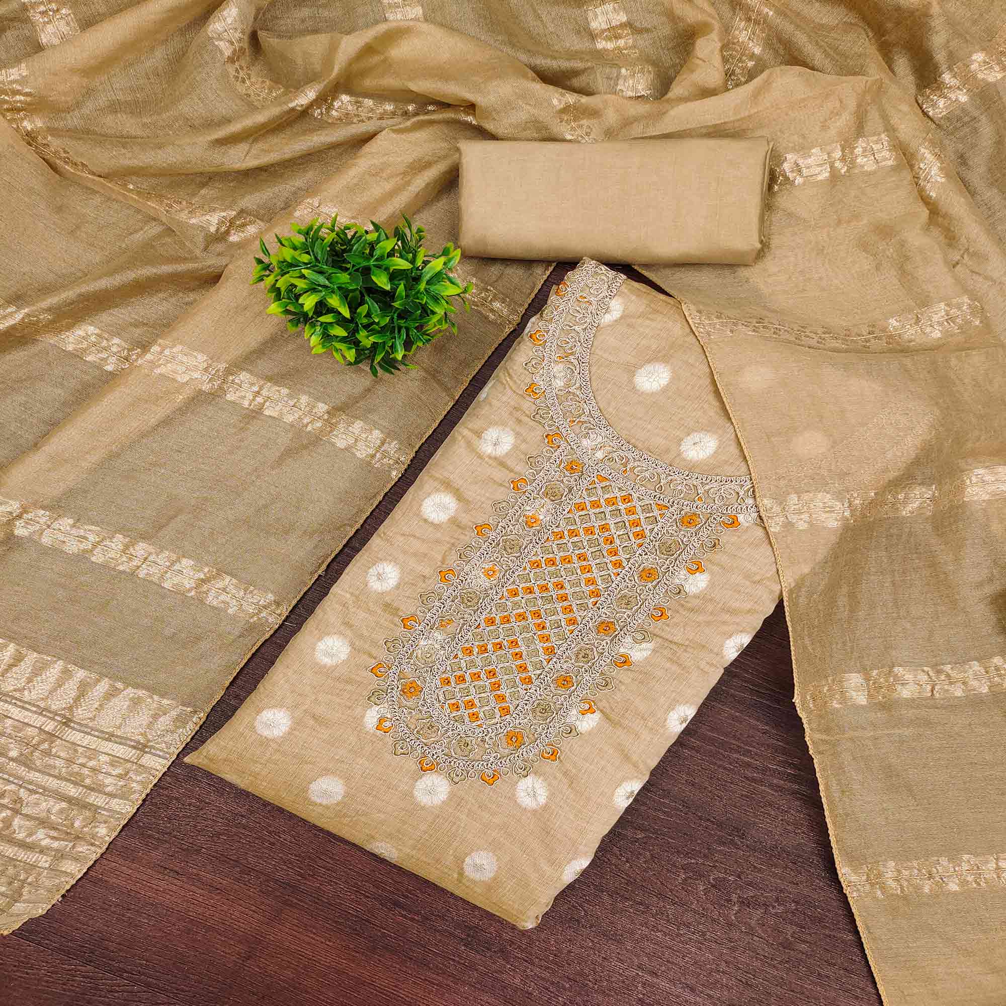 Graceful Beige Jacquard Dress Material Featuring Floral Weaving & Sequins Cording Embroidery