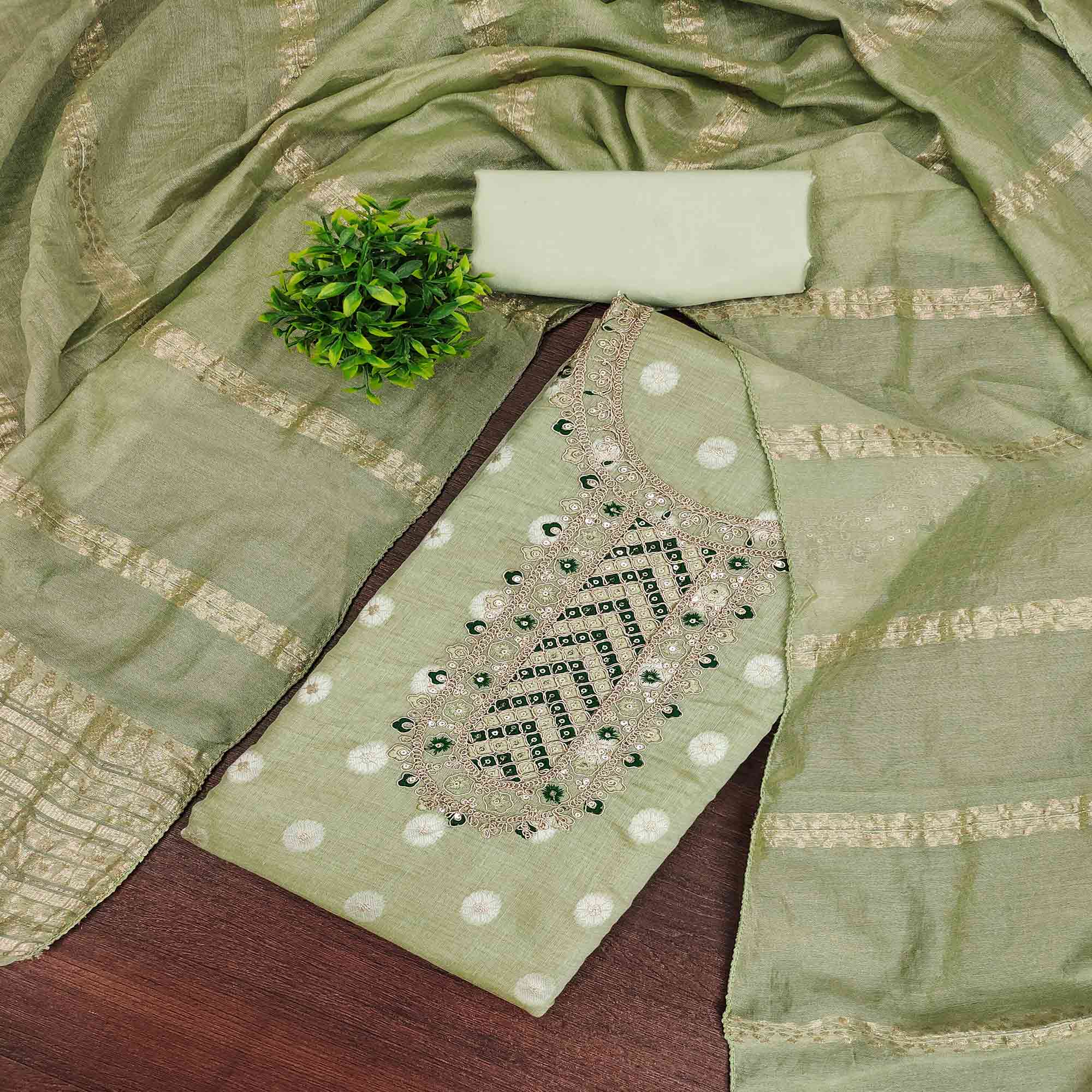 Graceful Pista Green Jacquard Dress Material Featuring Floral Weaving & Sequins Cording Embroidery