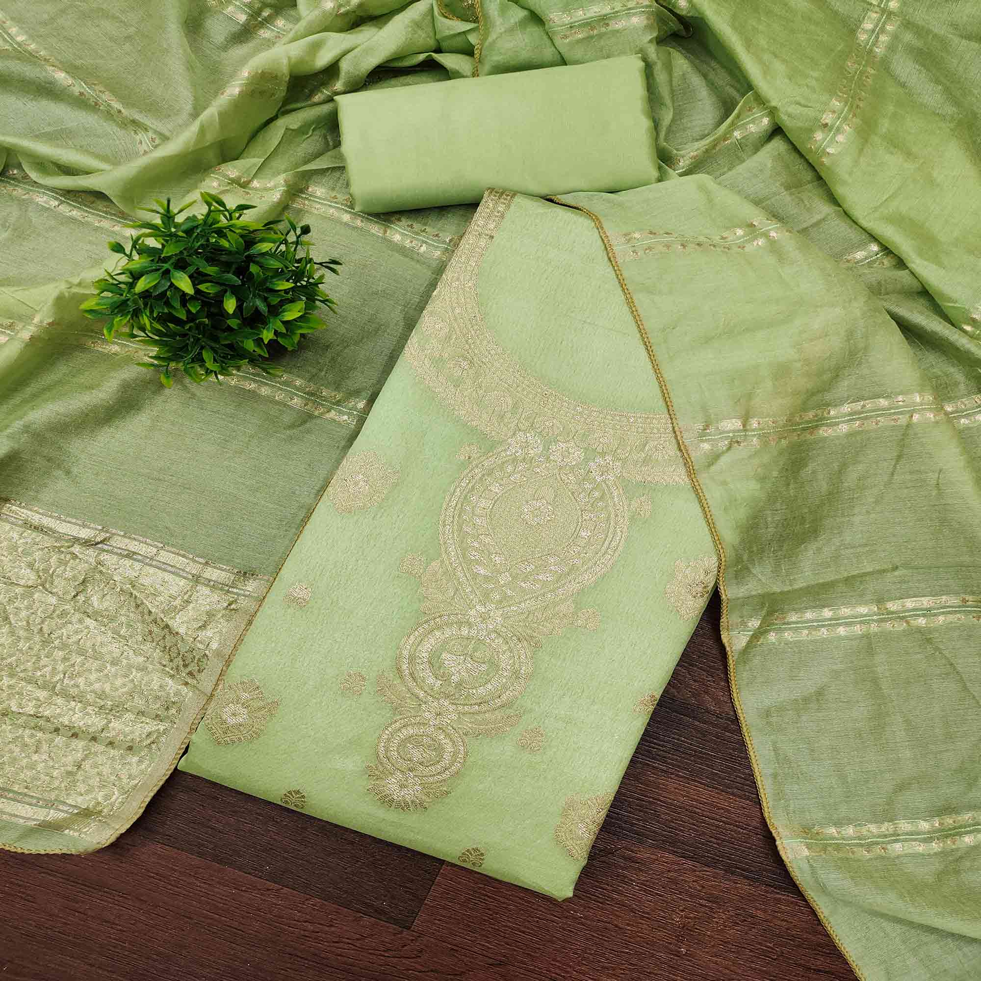 Refined Green Viscose Jacquard Dress Material Featuring Floral Weaving Work