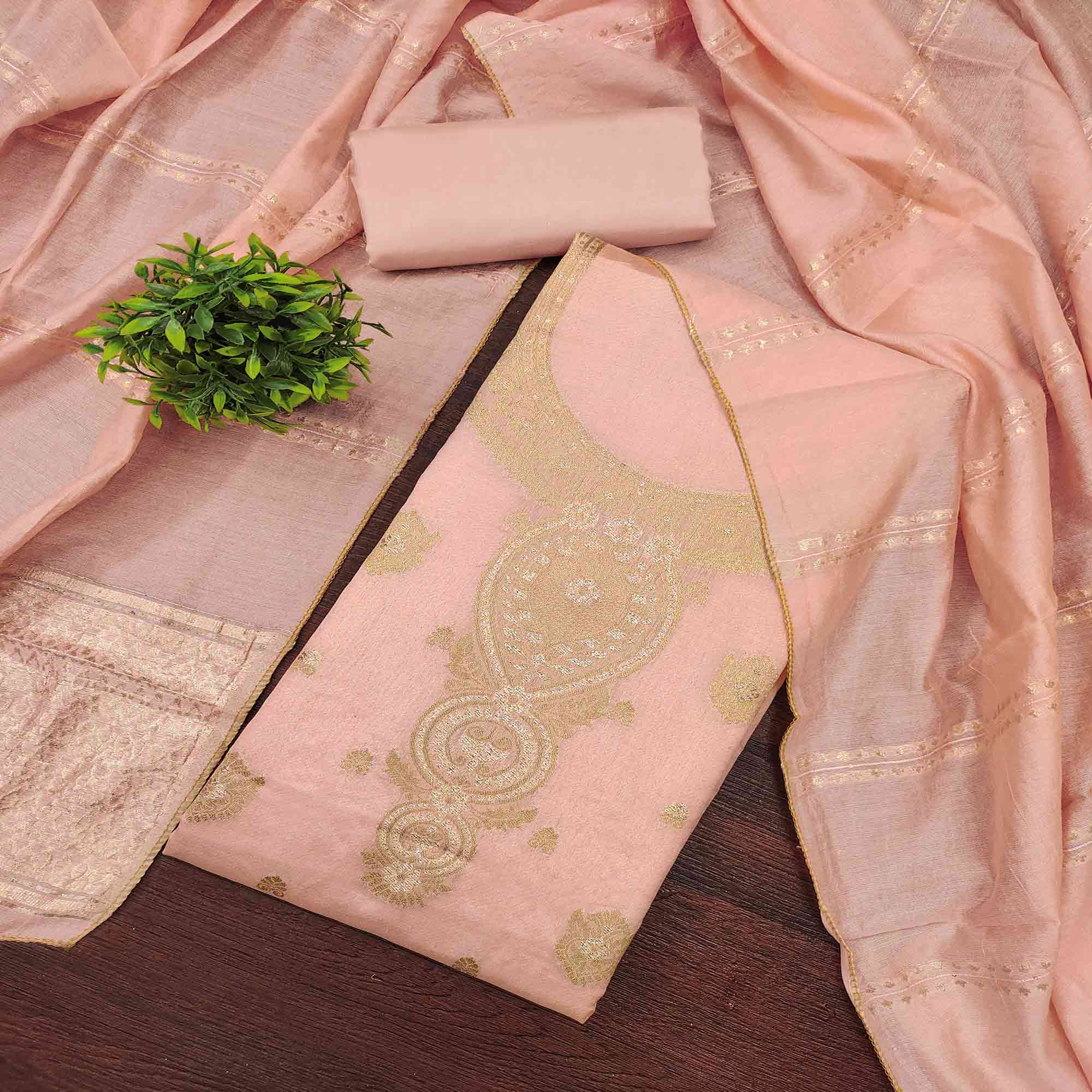 Refined Peach Viscose Jacquard Dress Material Featuring Floral Weaving Work