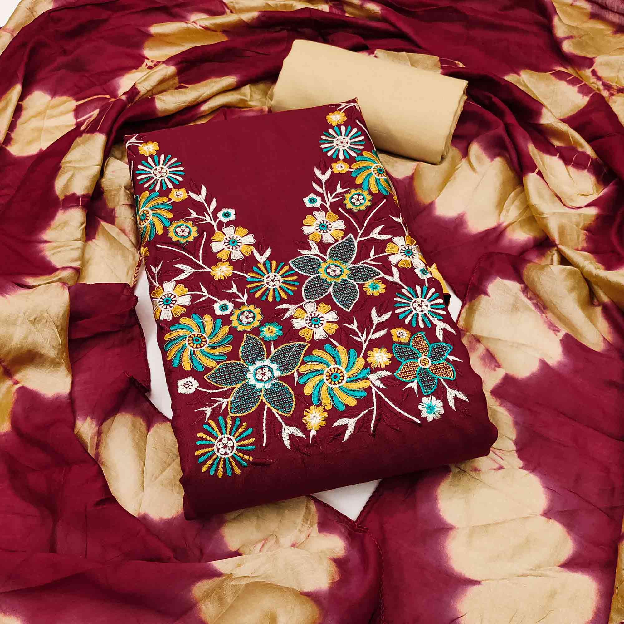 Elegant Maroon Floral Thread Embroidered Cotton Blend Dress Material With Gota Patti Work