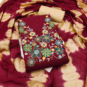 Elegant Maroon Floral Thread Embroidered Cotton Blend Dress Material With Gota Patti Work