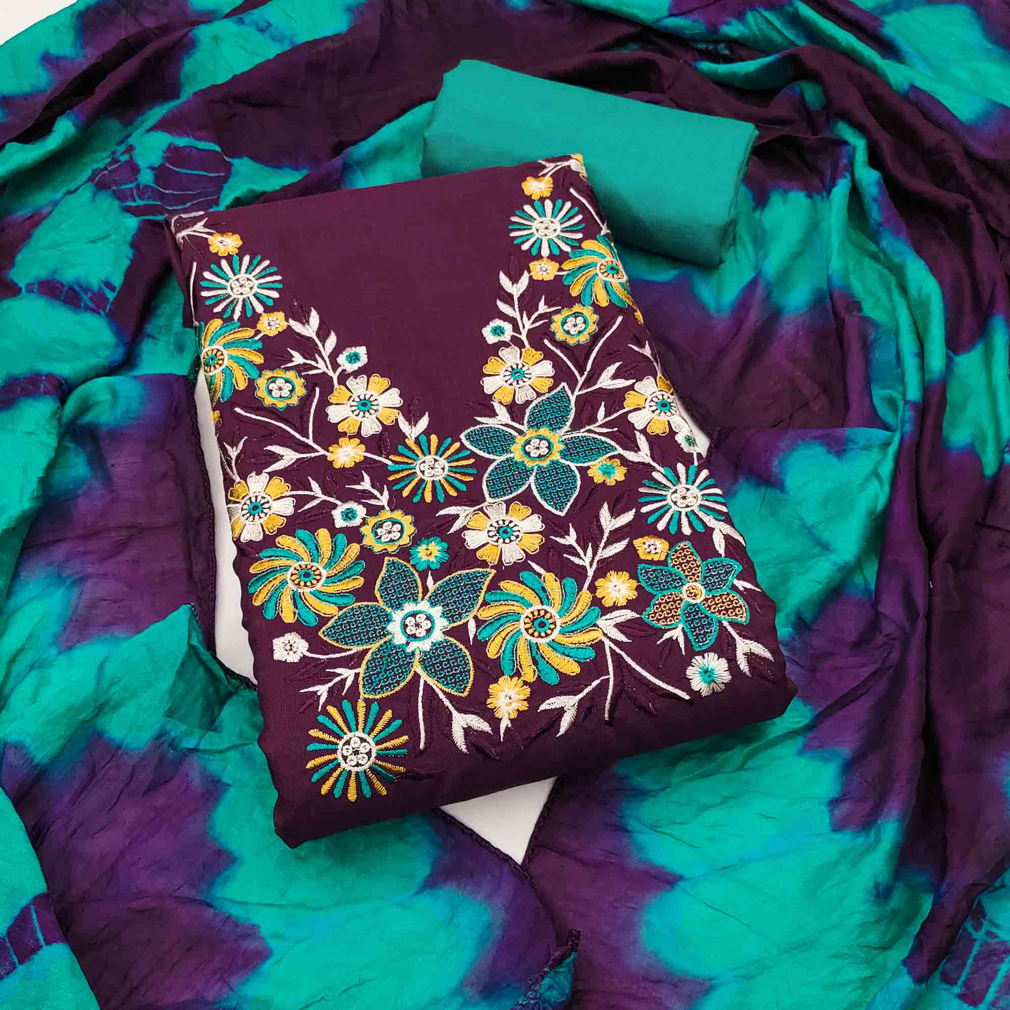 Elegant Purple Floral Thread Embroidered Cotton Blend Dress Material With Gota Patti Work