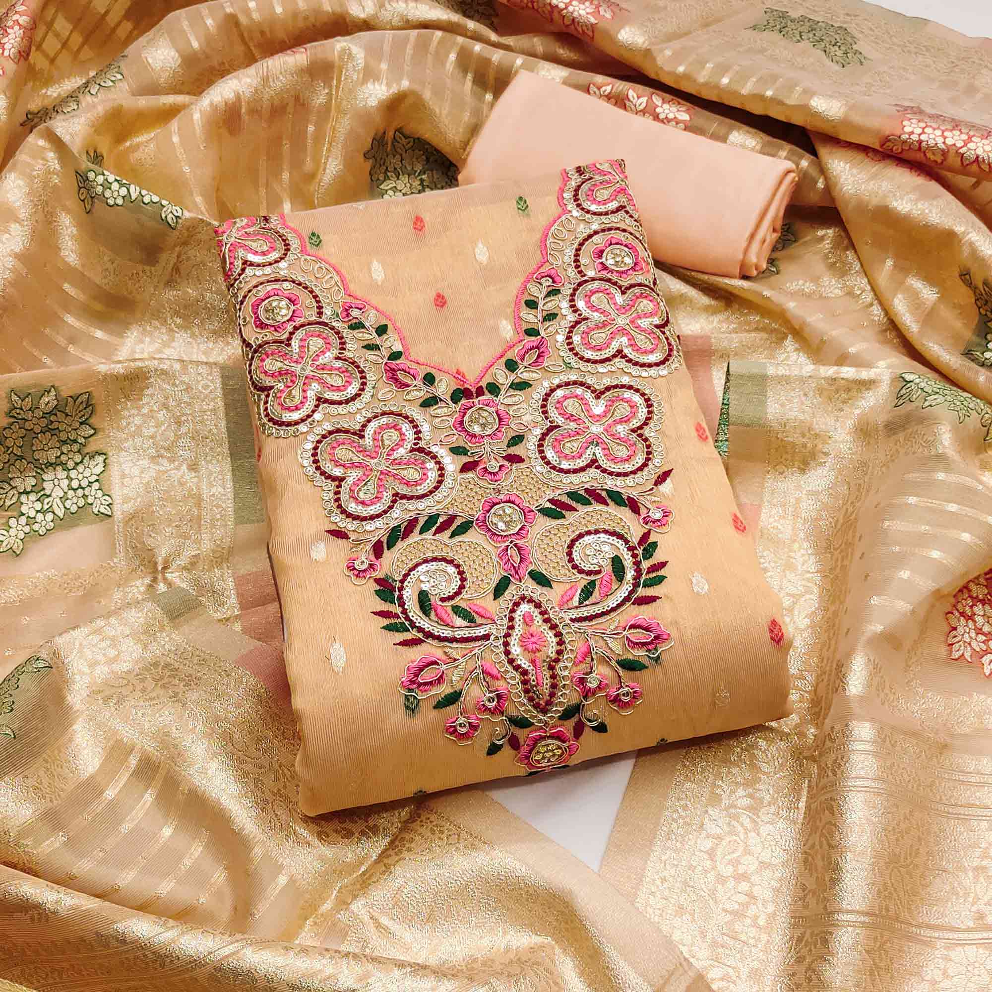 Stylish Peach Floral Cording Embroidered Shimmer Dress Material Enhanced With Butti Weaving Work