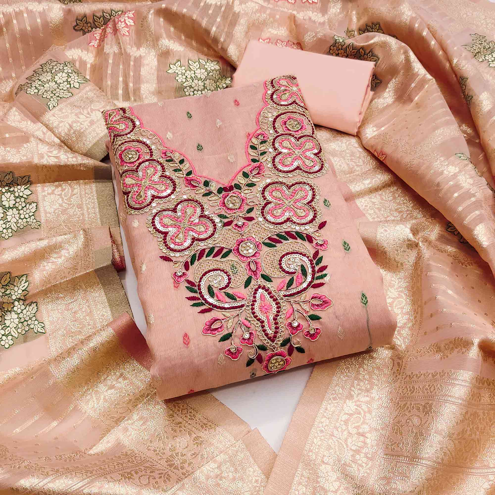 Stylish Pink Floral Cording Embroidered Shimmer Dress Material Enhanced With Butti Weaving Work