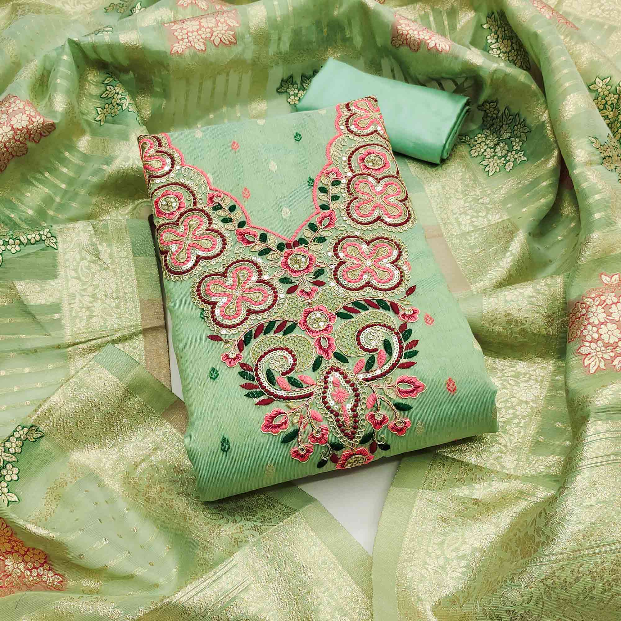 Stylish Sea Green Floral Cording Embroidered Shimmer Dress Material Enhanced With Butti Weaving