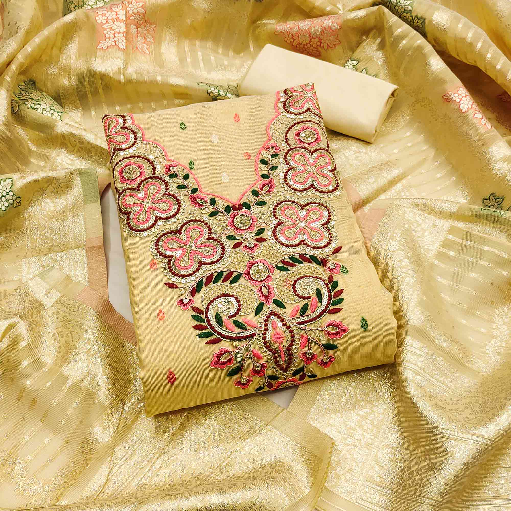 Stylish Yellow Floral Cording Embroidered Shimmer Dress Material Enhanced With Butti Weaving Work