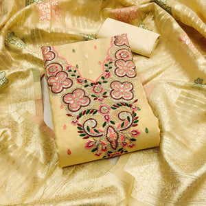 Stylish Yellow Floral Cording Embroidered Shimmer Dress Material Enhanced With Butti Weaving Work