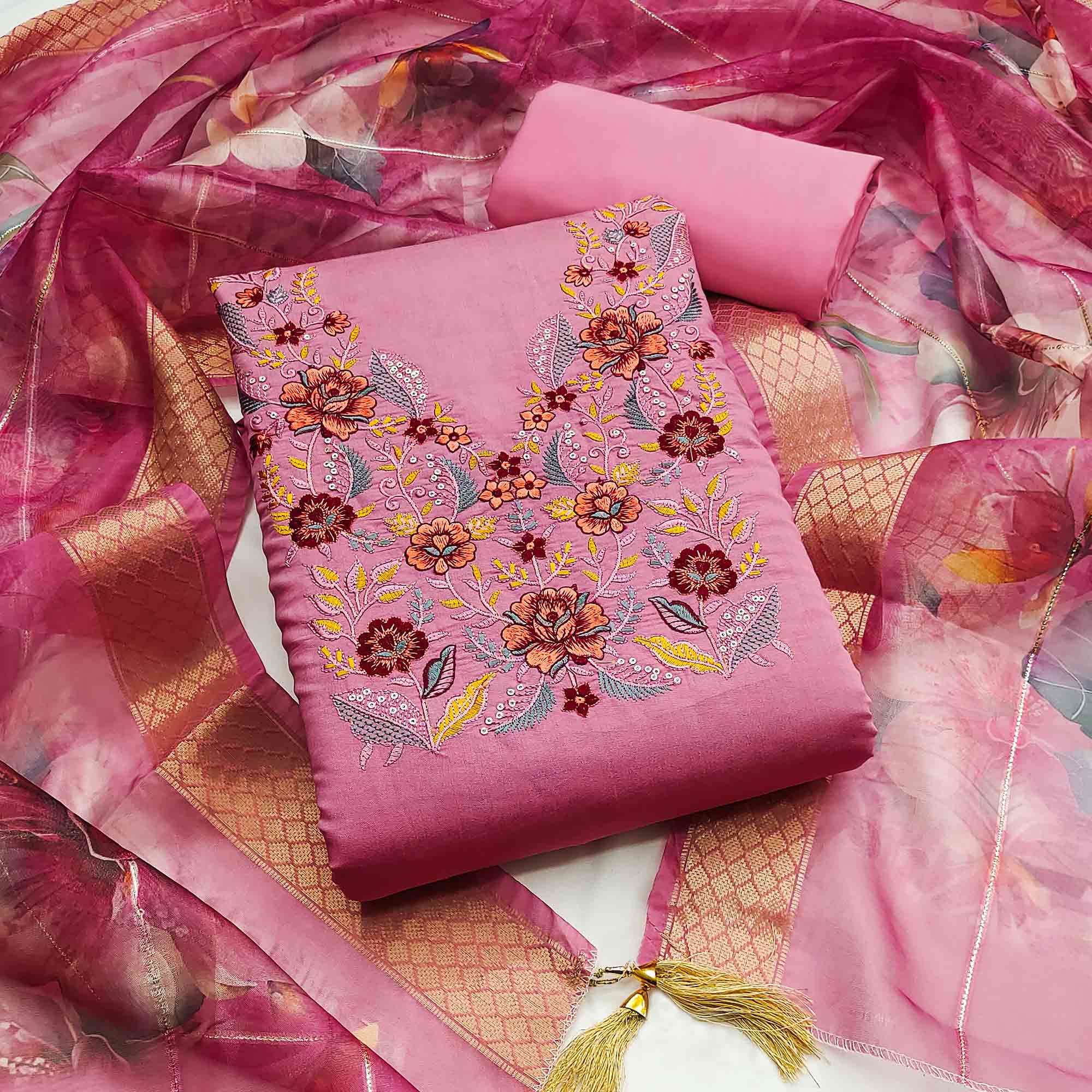 Majestic Pink Bloom Floral Thread & Sequins Embroidered Roman Cotton Silk Dress Material