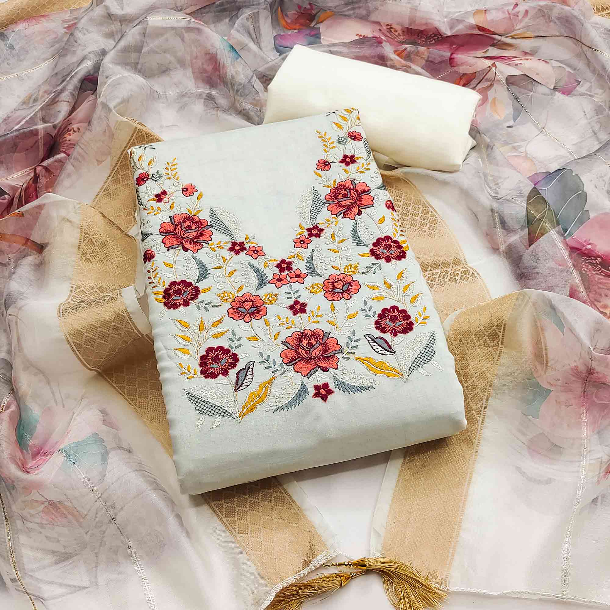 Majestic White Bloom Floral Thread & Sequins Embroidered Roman Cotton Silk Dress Material
