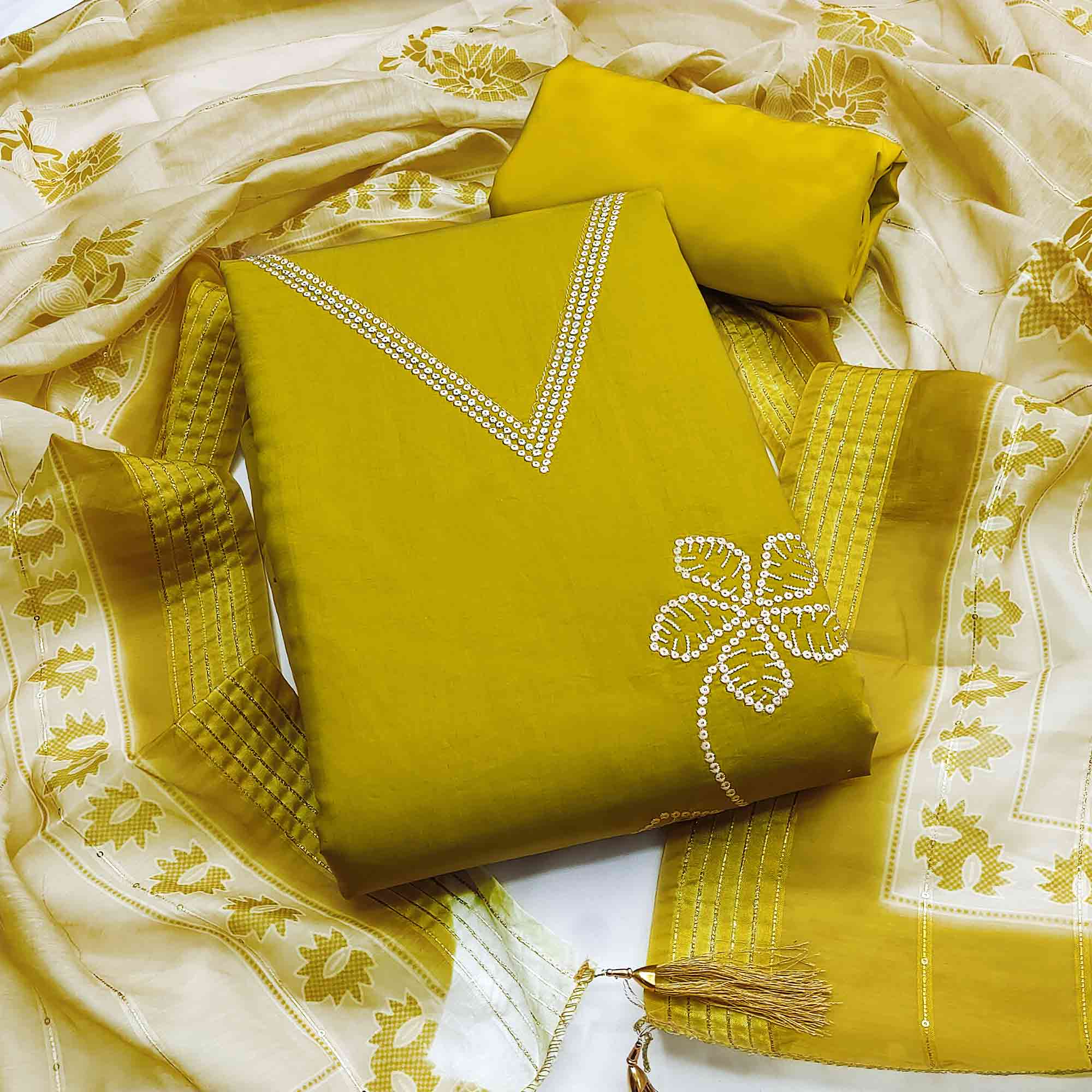 Sophisticated Green Floral Embroidered Roman Cotton Silk Dress Material With Shimmering Sequins