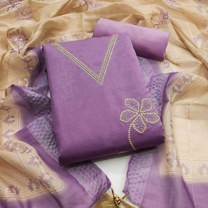 Sophisticated Lavender Floral Embroidered Roman Cotton Silk Dress Material With Shimmering Sequins