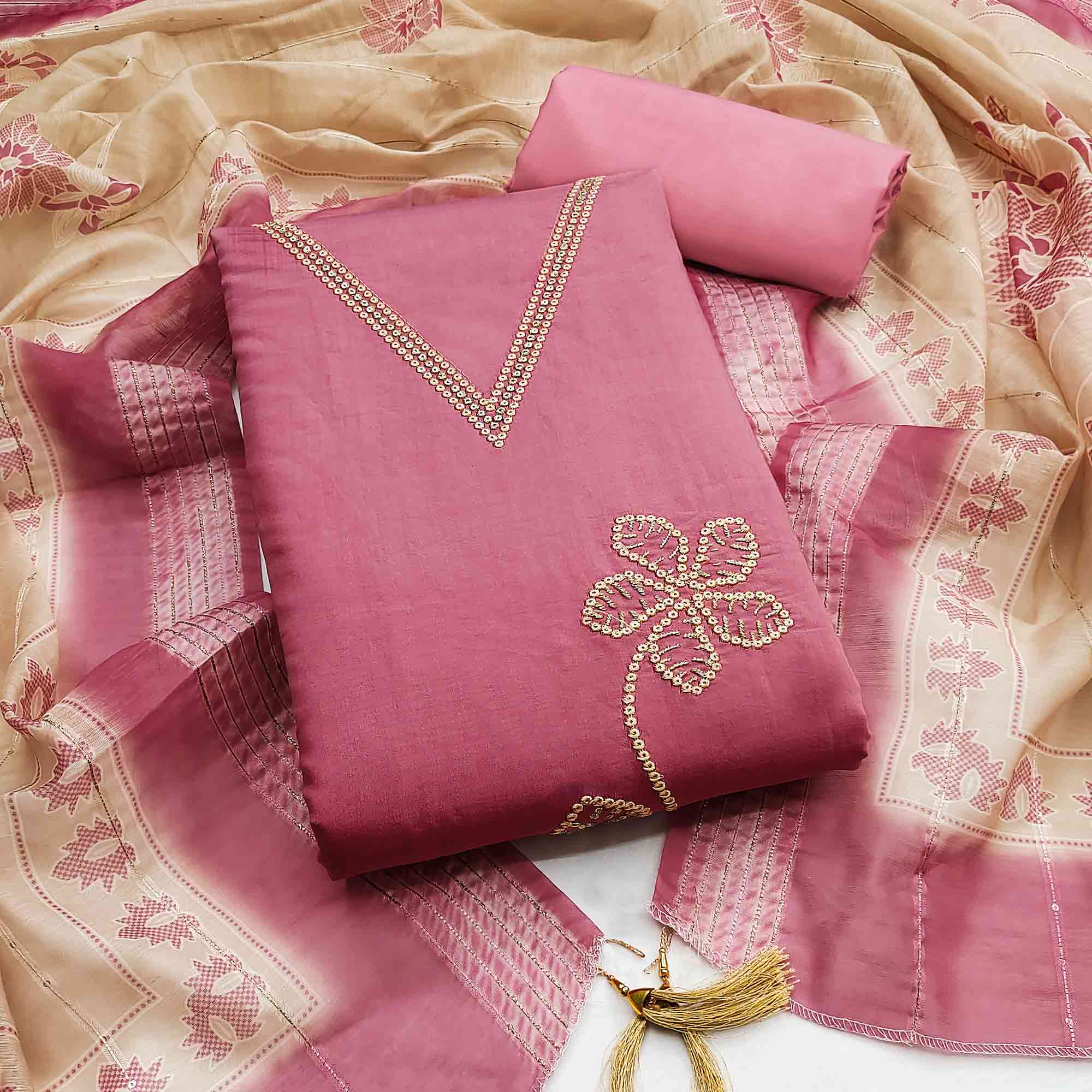 Sophisticated Pink Floral Embroidered Roman Cotton Silk Dress Material With Shimmering Sequins