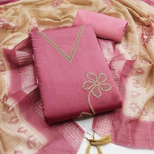 Sophisticated Pink Floral Embroidered Roman Cotton Silk Dress Material With Shimmering Sequins