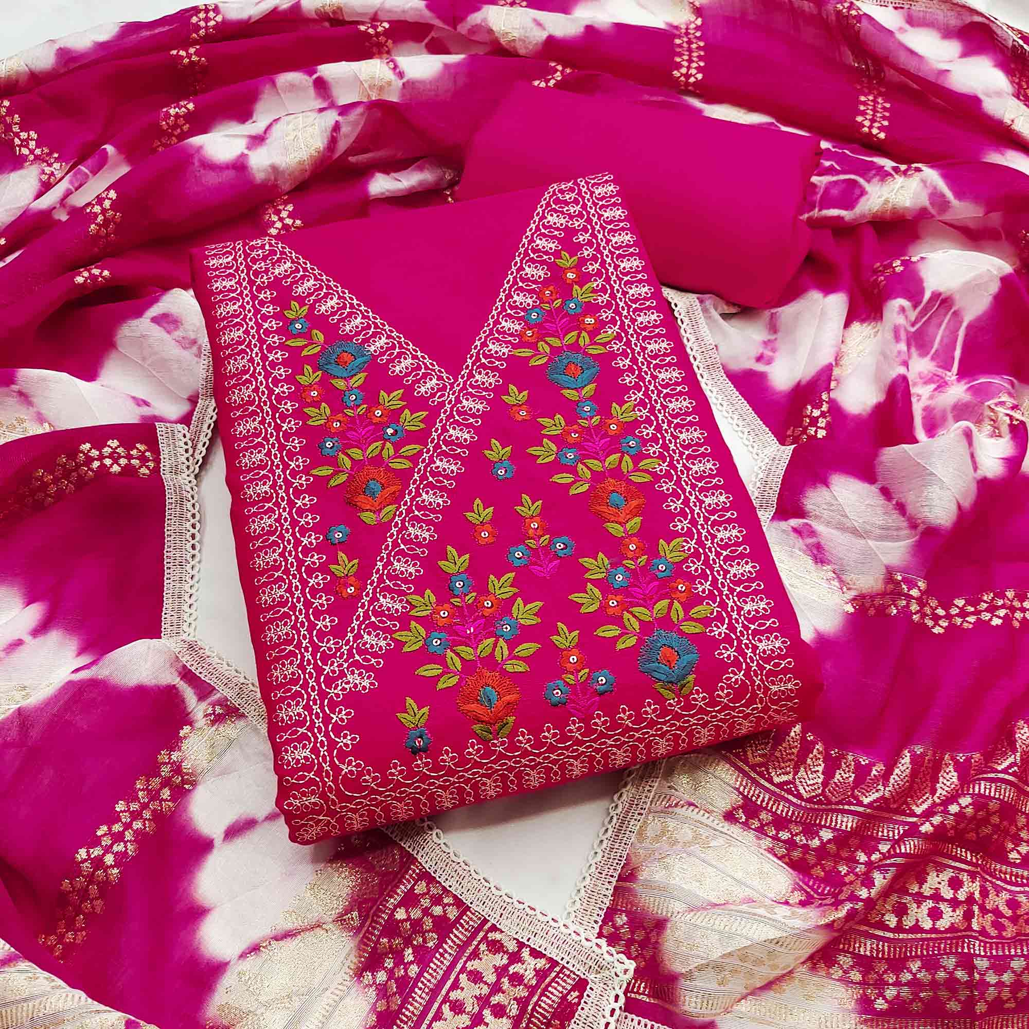 Opulent Grace Pink Cotton Blend Dress Material Adorned With Floral Thread & Sequins Work