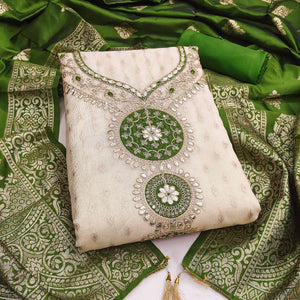 Cream & Green Shimmer Dress Material Featuring Intricate Zari Weaving With Cording Embroidery