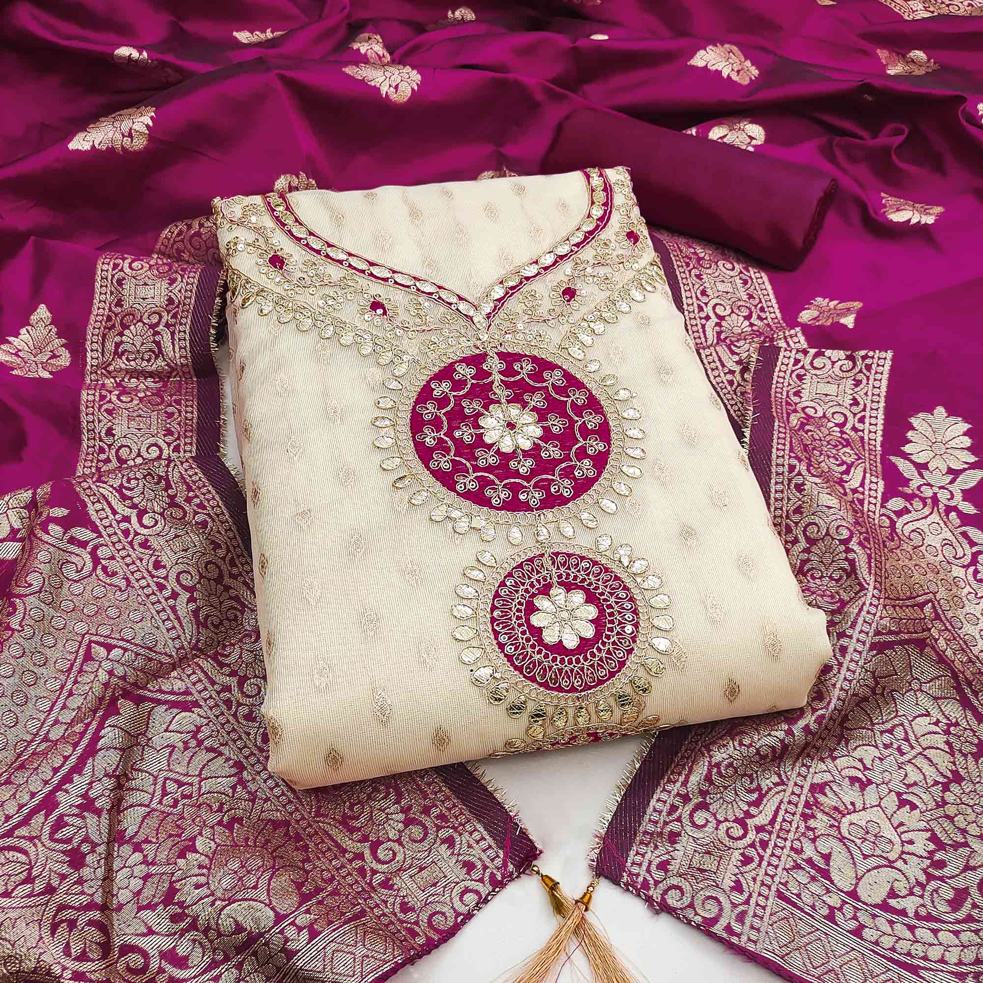 Cream & Wine Shimmer Dress Material Featuring Intricate Zari Weaving With Cording Embroidery