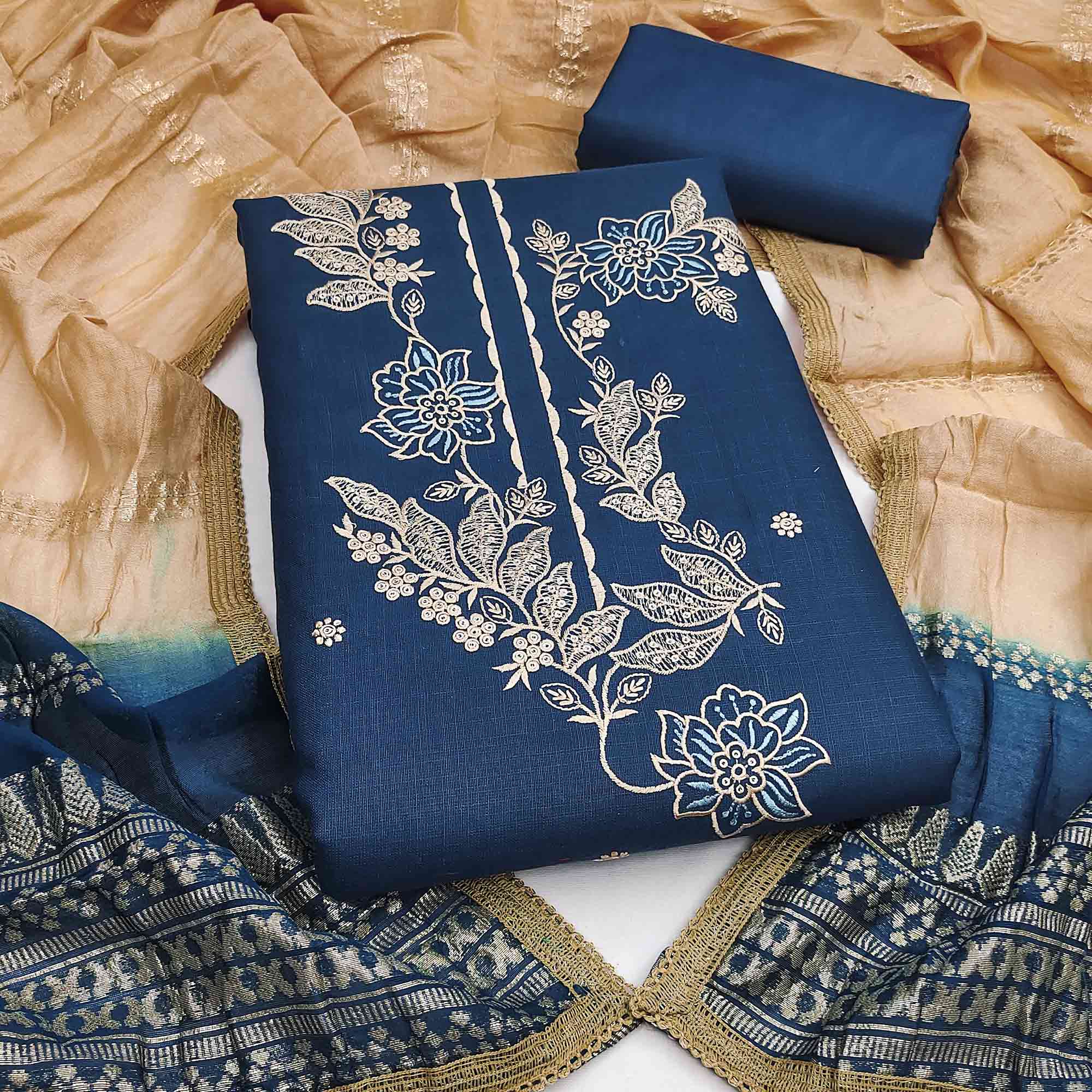 Blue Cotton Blend Dress Material Adorned With Elegant Floral Embroidery & Sequins Detailing