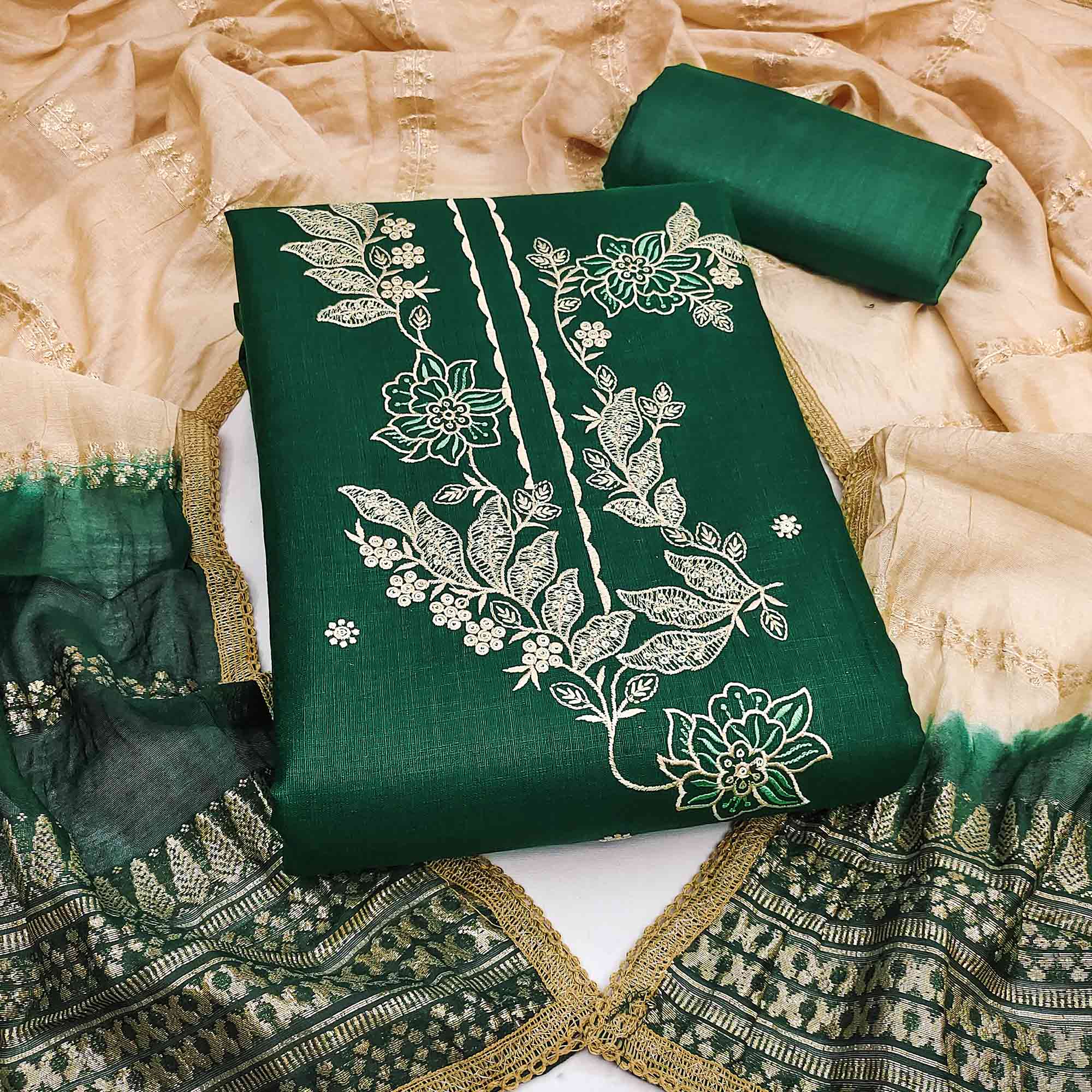 Green Cotton Blend Dress Material Adorned With Elegant Floral Embroidery & Sequins Detailing