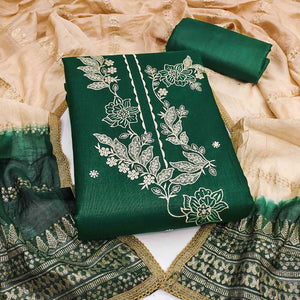 Green Cotton Blend Dress Material Adorned With Elegant Floral Embroidery & Sequins Detailing
