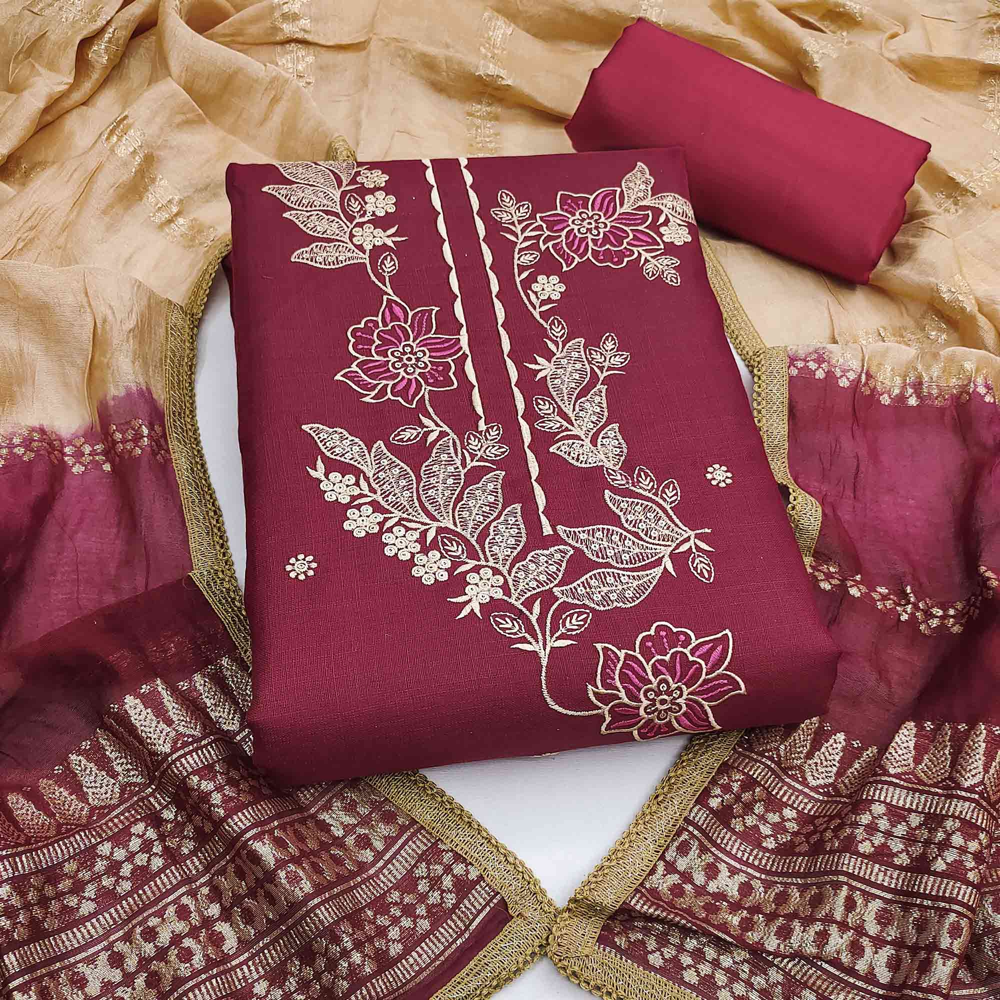 Maroon Cotton Blend Dress Material Adorned With Elegant Floral Embroidery & Sequins Detailing